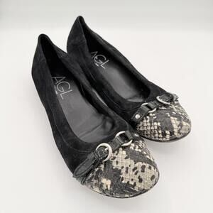 AGL Monika Ballet Flat Size 36.5 EU 6 US Black Suede Snake Cap Toe Dress‎ Shoe